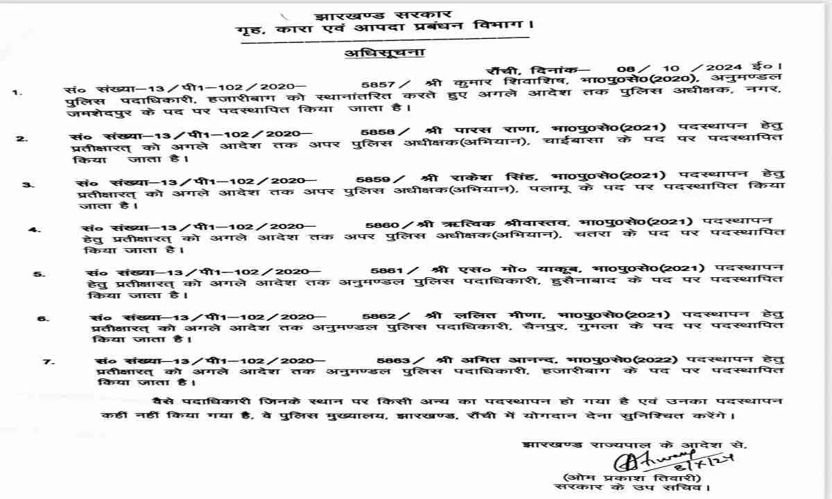 सात IPS समेत दो दर्जन से ज्यादा DSP का तबादला, अधिसूचना जारी