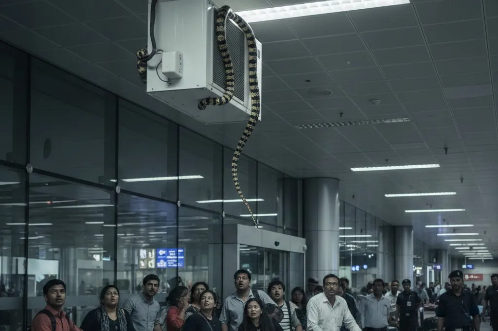 मुंबई एयरपोर्ट पर 7 फुट सांप का डरावना वीडियो वायरल, AC पर कुंडली मारता रैट स्नेक