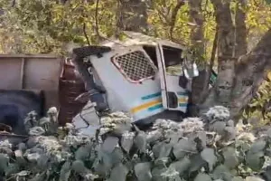 Koderma News: छड़ लदा ट्रेलर घाटी में हुआ बेकाबू: पेड़ से टकराने के बाद सड़क पर बिखरा माल