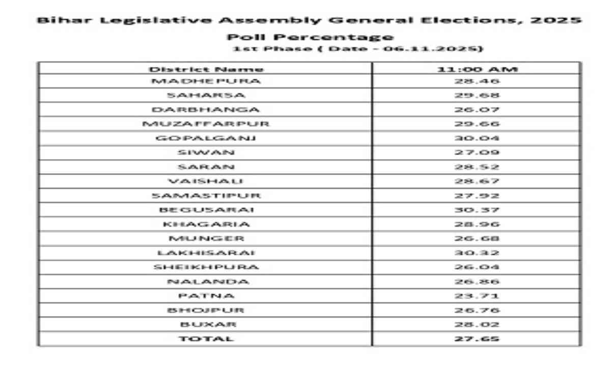बिहार विधानसभा चुनावः पहले चरण में सुबह 11 बजे तक 27.65 प्रतिशत मतदान