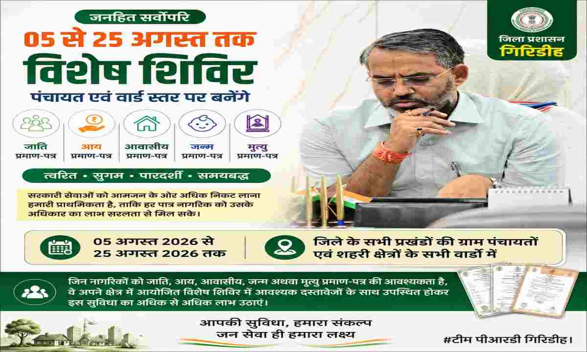 Giridih News: उपायुक्त रामनिवास यादव के निर्देश पर जिलेभर में विशेष प्रमाण-पत्र शिविर का आयोजन